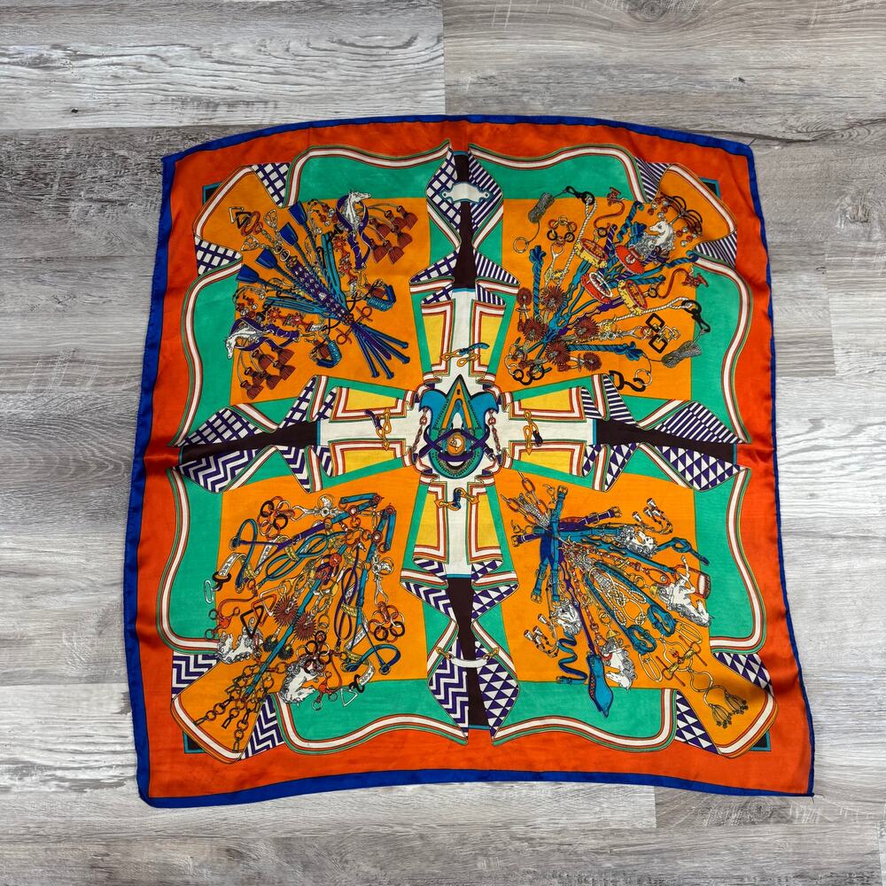Vintage Equestrian Chain Print Scarf Orange Blue Retro 90s Square
